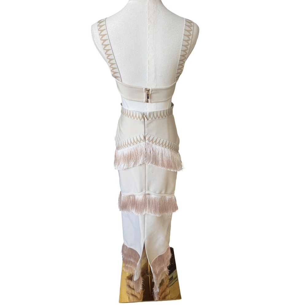 Fringe Cutout Boho Bodycon Midi Dress Size S Luxe Statement Cocktail Vegas Date - Picture 10 of 14